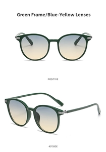 Green round frame sunglasses with blue-yellow gradient lenses in front and side views