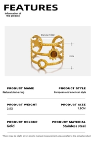 Detailed view of gold stainless steel ring with natural stone and star sun patterns