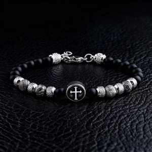 Men's 6mm black matte and tiger eye stone bead bracelet with silver cross charm on leather