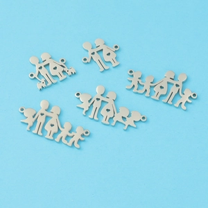 Macro view of five silver stainless steel family member charms on a light blue backdrop