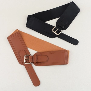 Elastic wide belt with square pin buckle in black and brown high-stretch faux leather