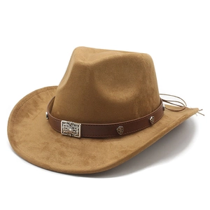 Brown faux suede western cowboy hat with vintage silver buckles and a wide brim