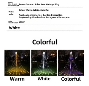 Detail of LED star waterfall lights showing solar and plug options in three colors