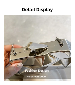 Detail view of silver geometric acrylic clutch bag with metallic finish and chain strap