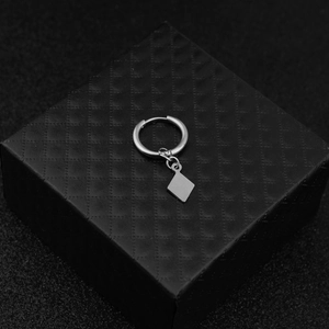 Minimalist silver stainless steel hoop earring with a square geometric dangle charm