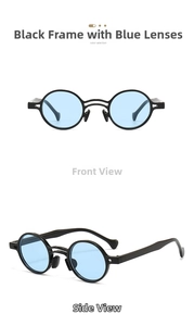 Retro double-bridge round sunglasses with black frames and light blue lenses in two views