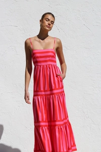 Detail of red and pink striped sundress with tiered skirt and adjustable straps