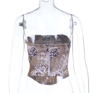 Detailed back view of leopard print tube top featuring hidden metal zipper closure