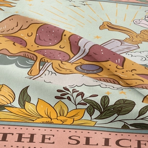 Close-up of retro pizza slice illustration with floral motifs on tapestry fabric