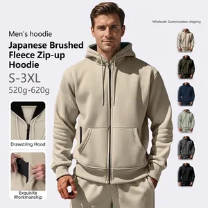 Men Zip Up Hoodie Brushed Fleece Solid Color Sweatshirt Multi Pockets Casual Sports Long Sleeve Jacket