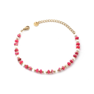 Gold plated stainless steel bracelet featuring rose red and white freshwater pearl beads