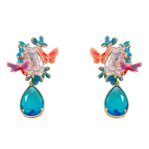 Gold plated butterfly drop earrings with blue crystal pendant in vintage court style