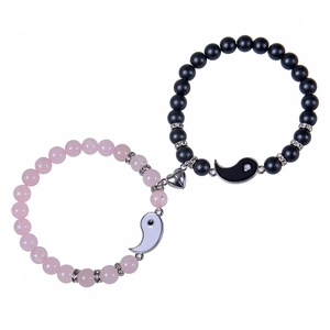 Magnetic Heart Yin Yang Couple Beaded Bracelets Natural Stone Rose Quartz Lava Stone Alloy Pendants Matching Jewelry