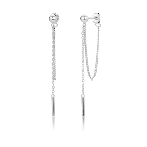 Long S925 sterling silver chain earrings with cubic zirconia and rectangular pendant