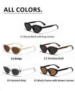 Various colors of cat-eye sunglasses including black, beige, tortoise, and grey options