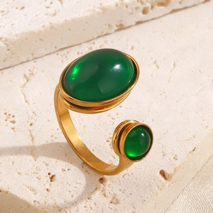 Minimalist gold-plated stainless steel bypass ring with green oval and round gemstones