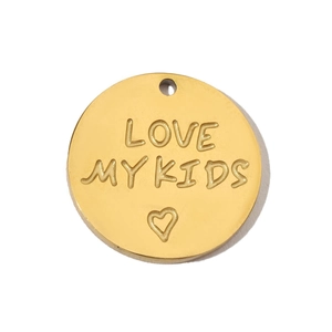 Macro detail of golden circular stainless steel pendant engraved with LOVE MY KIDS text