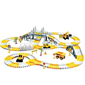 Construction track set for kids with electric engineering cars and DIY assembly bridge
