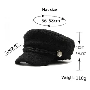 Thick warm black lamb wool baker boy cap with rope detail for women's winter fashion