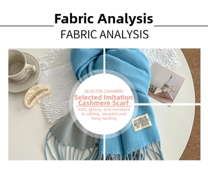 Detailed macro view of soft imitation cashmere scarf texture with blue and grey fringe