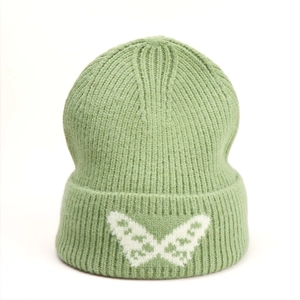 Close-up of a light green ribbed knit beanie featuring a white butterfly pattern on cuff