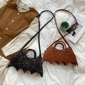 Gothic bat-shaped handbag set with embroidered spider webs and punk style hardware