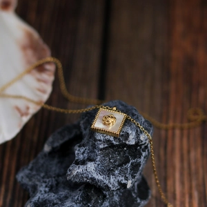 Retro 18K gold plated titanium necklace with rose flower on square white shell pendant