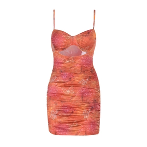 Sexy backless bodycon dress with floral print and ruched fabric detail in orange-pink
