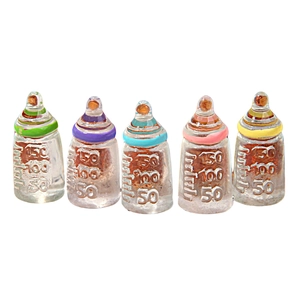 Set of five colorful miniature glass baby bottle charms for DIY crafts and decor
