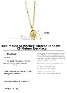 Detail view showing star pendant necklace specs: 8x6mm pendant, 45+5cm chain, 14K gold plated brass
