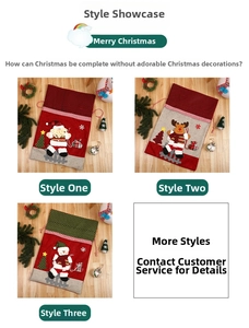 Detail of Christmas drawstring gift bags with embroidered Santa, elk and snowman designs