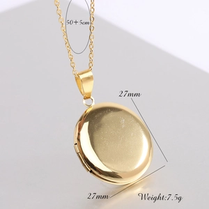 Detail view of 27mm golden stainless steel round locket necklace with size dimensions