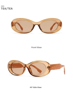 Detailed front and 45-degree side views of vintage tea-colored oval sunglasses