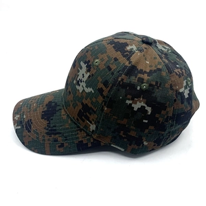 Detail of digital camouflage baseball cap showing ripstop fabric texture and stitching