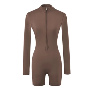 Slim fit brown long sleeve sports romper with front zipper and stand collar