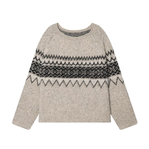 Women Retro Fair Isle Knit Sweater Crew Neck Long Sleeve Pullover Geometric Jacquard Acrylic Polyester Oatmeal Warm