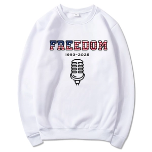 White unisex hoodie with Freedom 1993-2025 graphic print and American flag design