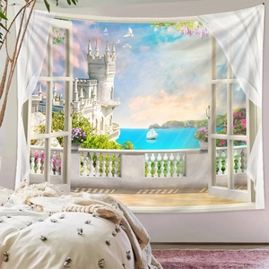 Detail view of the Mediterranean seascape tapestry hung above a bedroom headboard