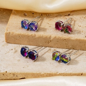 Mini minimalist silver stud earrings set with colorful round cut zircon gemstones