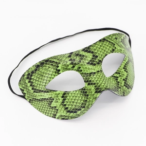 Detailed view of green snake skin print masquerade mask with elastic strap on white background