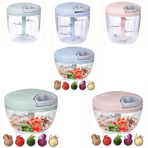 Manual food processors in green, blue, and pink showing chopped carrots and mushrooms