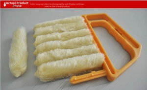Multi-roller blind cleaner tool with orange handle and seven yellow microfiber brushes