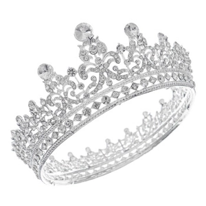 Detailed view of silver alloy tiara with sparkling crystal rhinestones and intricate patterns
