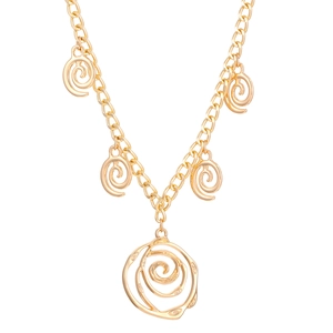 Golden spiral donut necklace with multiple rose-shaped pendants on white background