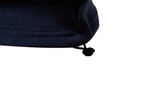 Macro view of adjustable drawstring buckle and hem stitching on navy fleece hoodie