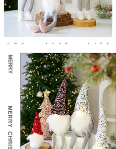 Close-up of sparkling sequin Christmas gnome dolls with warm LED glowing lights