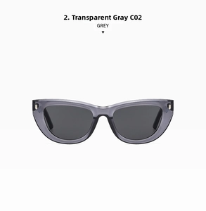 Vista frontale di occhiali da sole cat-eye grigio trasparente con lenti grigio scuro