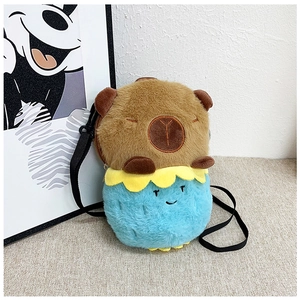 Close-up of plush Capybara crossbody bag with soft texture and adjustable nylon strap