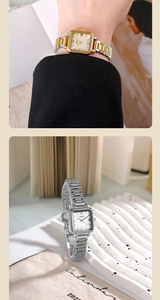 Détail de montres à quartz carrées avec chiffres romains et bracelet en métal classique