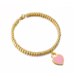 Stainless Steel Bead Chain Bracelet With 18K Gold Plated Pink Enamel Heart Pendant Fashion Jewelry For Women